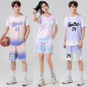 短袖篮球服套装定制比赛训练队服男女假两件球衣运动背心粉色班服
