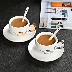 羊脂玉描金咖啡杯欧式奢华陶瓷咖啡器具带勺子精致英式纯白茶杯子