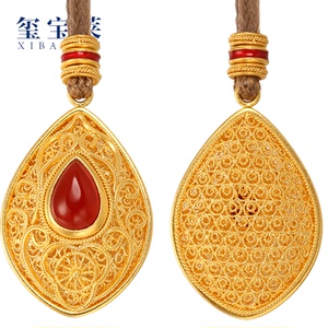 玺宝莱显大花丝工艺古法金黄金足金999手工掐丝扭扭花如意项链坠