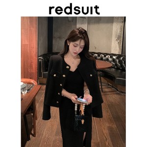 redsuit 经典高雅气质名媛小香风外套粗花呢羊毛黑色短款上衣新