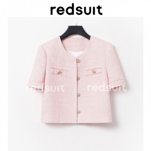 redsuit 极简极奢法式圆领小香风薄款短袖外套设计名媛粉色上衣夏