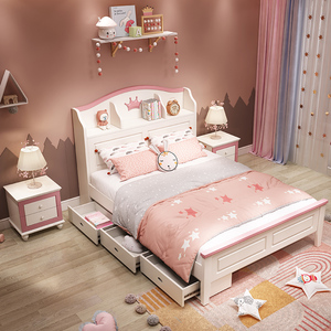 儿童床女孩 公主床1.2米单人床儿童房家具组合套装小床实木床1.