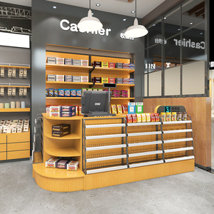 超市收银台便利水果母婴商超店铺烟酒柜一体实木转角小型收款吧台