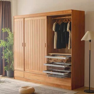 日式实木衣柜推拉移门家用卧室大衣橱收纳柜北欧原木樱桃木橡木柜