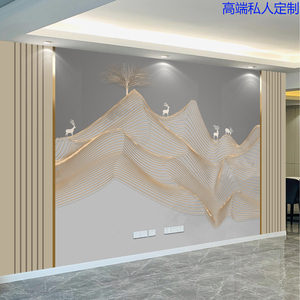 2024新款抽象麋鹿墙纸壁画中式电视背景墙壁纸8d客厅沙发轻奢墙布