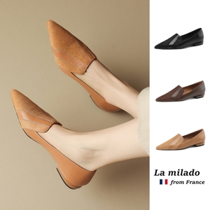 法国La Milado英伦风马毛尖头深口单鞋复古牛皮平底低跟百搭舒适
