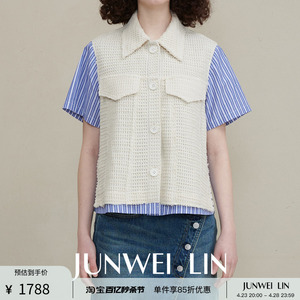 JUNWEI LIN FW23 白色/深蓝色针织拼接条纹短袖衬衫