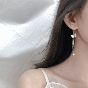 s925纯银感显脸瘦的蝴蝶耳线女天然珍珠耳环气质韩版长款流苏