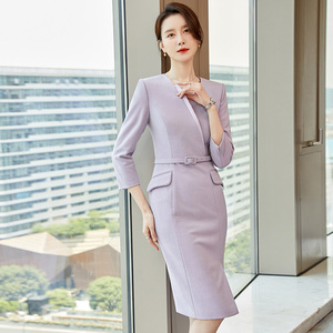 春秋西装连衣裙女紫色高级感气质职业装法式七分袖连衣裙工作正装
