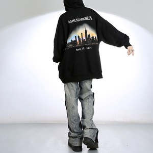 黑衣先生 春季帽衫上衣景象印花连帽卫衣男高街hiphop街头ins潮牌