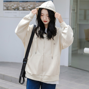 情侣超火杏色卫衣女2022早秋新款冬季宽松百搭上衣ins潮连帽外套