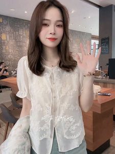 中式女装中国风刺绣衬衫女夏款设计感洋气独特别致雪纺上衣女短袖