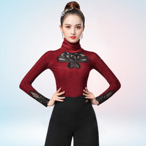 摩登舞上衣女长袖丹宝罗高领练功服国标华尔兹性感舞衣新款跳舞衣