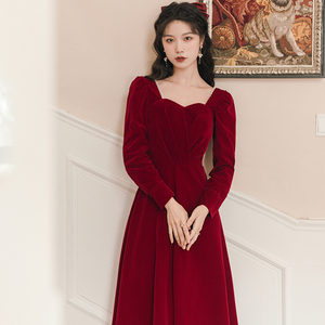 【双11价】秋季女装2023年新款法式复古裙子红色连衣裙收腰