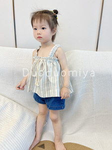 DUODUOMIYA 女童2024夏装新款韩版套装吊带条纹棉麻上衣+牛仔短裤