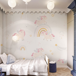 定制壁画独角兽彩虹墙纸卡通壁纸儿童房壁布女孩卧室背景墙布