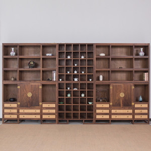新中式书柜大实木展柜中式置物柜定制整墙黑胡桃木满墙茶叶展示柜
