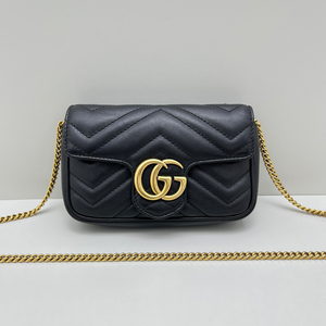 000人付款淘宝未使用gucci古驰马蒙黑色双g超迷你mini链条包黑金女包
