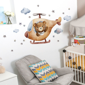 开飞机小熊云朵贴纸墙贴儿童房卧室客厅墙面装饰可爱卡通动物贴画