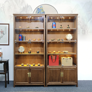 新中式博古架玻璃门展示柜射灯老榆木货架陈列实木茶叶柜办公家具