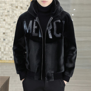 冬季新款貂绒外套男水貂大衣短款连帽羊剪绒夹克男装高端皮毛一体