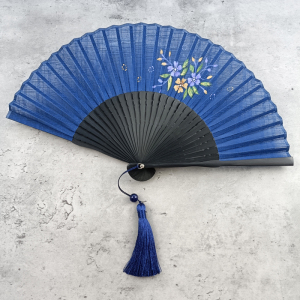 深蓝色棉麻布小扇子古典手绘彩色花朵复古旗袍扇随身折叠手工竹扇