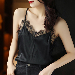黑色重磅真丝吊带背心女桑蚕丝打底蕾丝内搭性感v领无袖上衣外穿