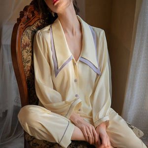 私房夫人新款真丝睡衣套装长袖长裤桑蚕丝简约家居服两件套装春夏