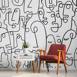 北欧手绘抽象简约黑白线条墙布个性人脸壁纸餐厅沙发艺术墙纸定制