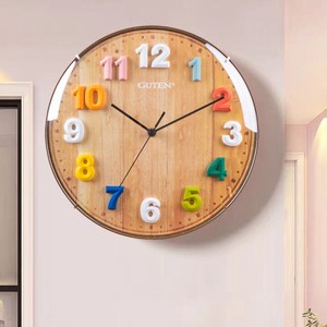金钟宝北欧挂钟彩色立体数字木纹钟面超静音时钟儿童房间卧室钟表