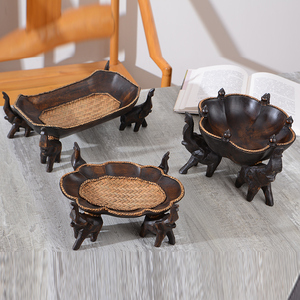 泰国实木四象水果盘客厅现代中式木质创意大象竹编糖果盘摆件