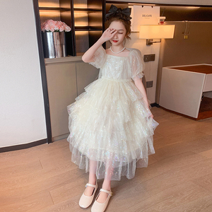 女孩白色连衣裙2023新款时髦洋气蓬蓬蛋糕裙女宝宝公主纱裙子夏季