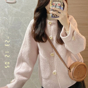 小众原创设计女装秋冬高级感独特超好看减龄休闲粉色羊羔毛短外套