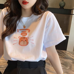 韩国白色字母短袖t恤女宽松2024年夏季新款纯棉半袖气质上衣ins潮