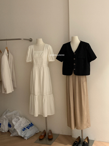 IMISS韩版夏季新款方领系带宽松大摆连衣裙女收腰气质仙女裙长裙