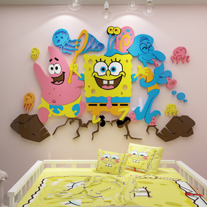 儿童房间布置墙面装饰海绵宝宝卡通床头小改造背景墙贴纸画3d立体