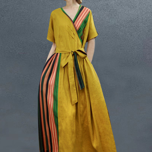 原创设计民族风棉麻连衣裙夏季新款短袖品条纹旅行长裙时尚系带袍