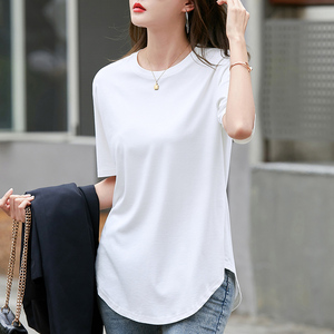 白色中长款冰丝短袖t恤女宽松2024夏季新款下摆弧形遮屁股上衣潮