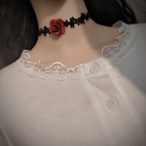 黑蕾丝系带酒红玫瑰长款choker锁骨颈链简约花朵项链百搭性感颈圈