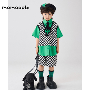 momobobi自制夏款儿童套装潮流棋盘格假两件上衣衬衫格子马甲短裤