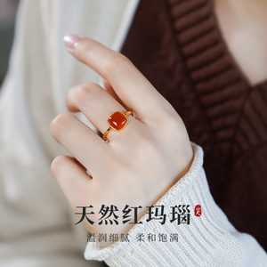 红玛瑙戒指新中式国风红色食指戒女活口可调节玉石方形纯银珠韵