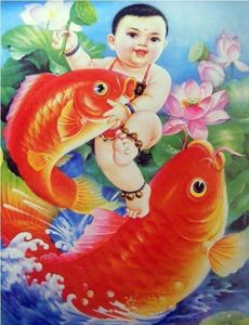 农村老旧年画复古怀旧传统70年代年画娃娃送子图抱鱼80年代贴纸