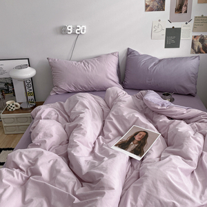 紫色纯色秋冬新款床上四件套磨毛全棉纯棉床笠被套床单宿舍三件套