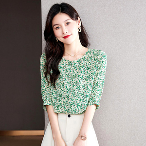 碎花雪纺衫女2022新款夏季短袖t恤短款洋气小衫夏款短装中袖上衣