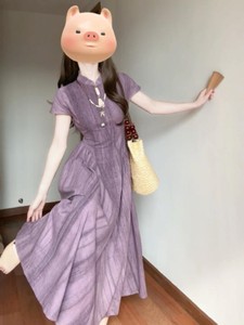 大码胖妹妹新中式国风紫色旗袍连衣裙女夏季新款复古收腰显瘦长裙