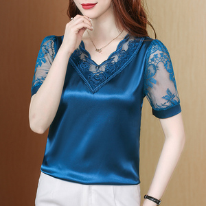 桑蚕丝上衣女装大码2022夏季新品短袖缎面真丝t恤女外穿打底小衫