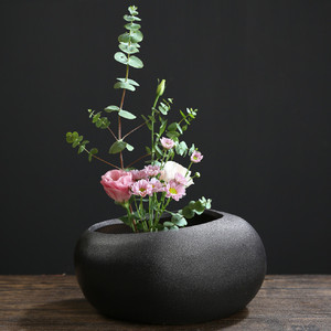 剑山插花器中式陶瓷黑色插花器皿水培花盆日式花艺花道桌面摆件