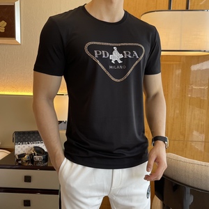 prada/普拉达倒三角字母烫钻时尚圆领短袖t恤男士2022春夏季