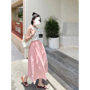 法式高腰直筒蓬蓬裙赫本裙子粉色a字伞裙半身裙女款夏季新款长裙