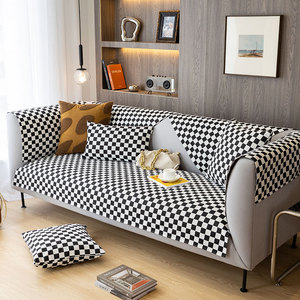 雪尼尔沙发垫黑白条纹简约皮沙发盖布轻奢四季通用防滑现代坐垫子